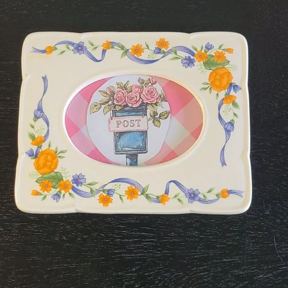 Vintage Floral Ceramic Picture Frame 5x4 Orange Blue Cottage Decor